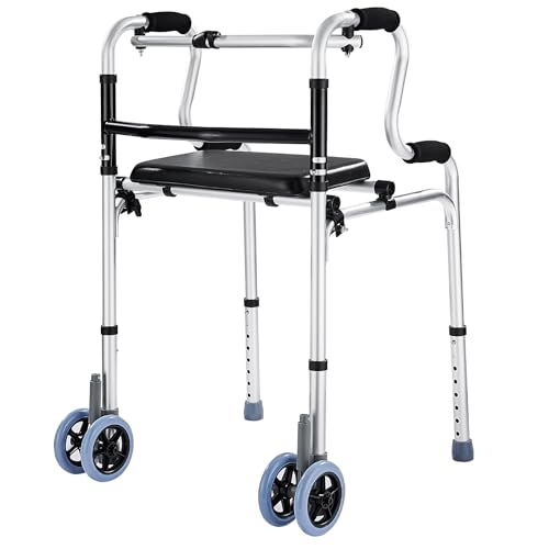 Folding Walkers with Wheels and Seat 390LB,Auto Brake Double Front 5 Wheel Walker,Lightweight Standard Walkers for Seniors,Aluminum Rolling Walker for Adults,Height Adjustable Walking Mobility Aid