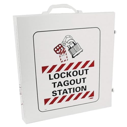 NMC LOC Lockout TAGOUT Station 15 in. x 16 in. Metal Lockout Cabinet with Graphic, Black Text on White Base