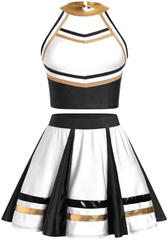 IBAKOM Women Metallic Cheerleader Outfits Crop Top Pleated Mini Skirt Cheerleading Uniform Adult Cheer Halloween Costume