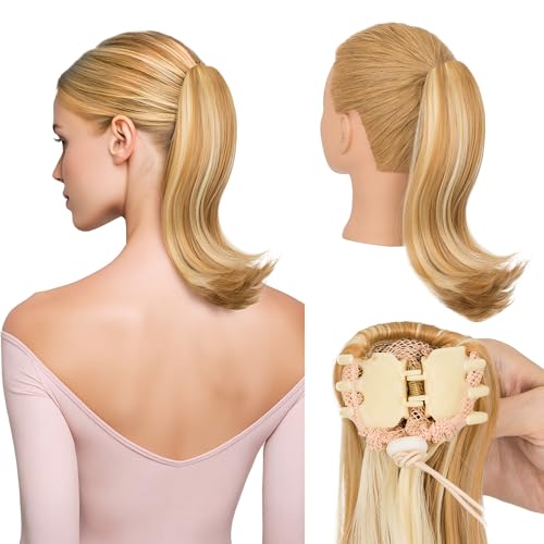 SEGO Ponytail Extensions, 12 Short Claw Clip in Ponytial Hair Extensions, Small Jaw Clip Pony Natural Soft Synthetic Hairpieces for Women -#27H613