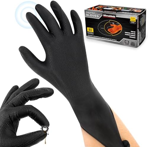 9mil Heavy Duty Disposable Nitrile Gloves, Black Large 80Pcs -Chemical Resistant, Latex & Powder Free Rubber Gloves Diamond Texture for Automotive, Mechanics, Cooking,BBQ, Industrial Use