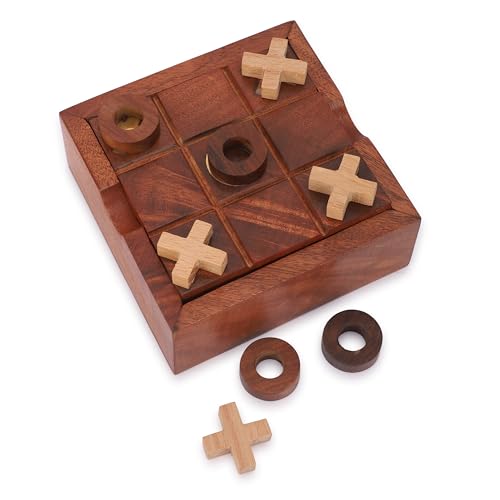 Ajuny 2-in-1 Wooden Tic Tac Toe & Marble Solitaire Strategy Board Game 4.5 Coffee Tabletop Decor Classic Fun Indoor Outdoor Travel Game Set with Steel Marbles & Wood XO Blocks for Family & Adults