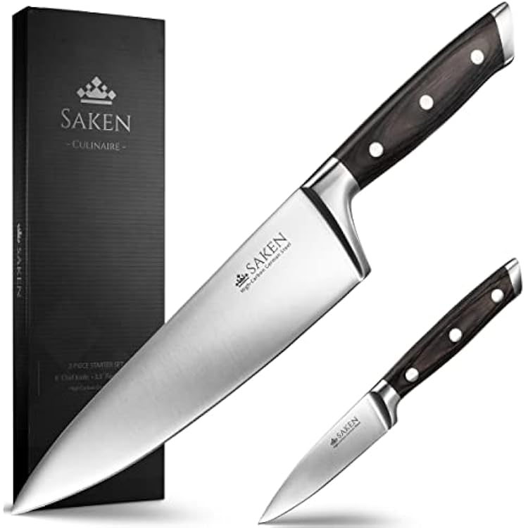 Saken Chef Knife and Paring Knife Set - 2-piece Professional Kitchen Knife Set with Ultra-Sharp, High-Carbon German Steel Blade and Ergonomic Wooden Handles - 8 Chef Knife, 3.5 Paring Knife