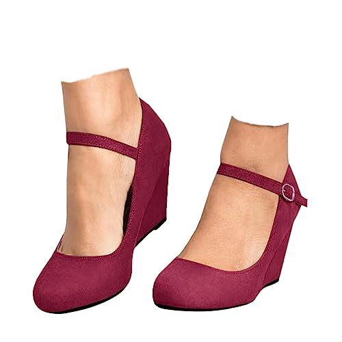 Coutgo Womens Wedge Pumps Dressy Mary Jane Shoes Comfort Wedges Closed Toe Ankle Strap Heeled Shoes