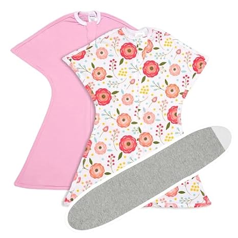 SleepingBaby Zipadee-Zip Transition Swaddle and Grey Snuggle Strap - Cozy Baby Swaddle Blanket with Zipper Convenience - Pink Poppy, X-Small (3-6 Month) - 2 Pack