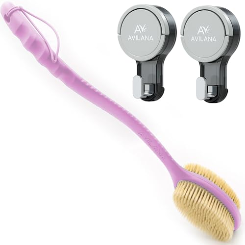Avilana Long Handle Soft & Stiff Bristle Scrubber Pink  Suction Hook 2-Pack Dual-Texture, Hygienic, Fast-Drying No-Drill Storage Solution