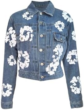 HEYDHSDC Women Denim Jacket Long Sleeve Single Breated Jeans Coat Streetwear Floral Print Denim Jackets