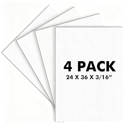 Corrugated Plastic Board 24x36 inch - 4 Pack White Plastic Poster Board, 316 5MM Thick Blank Board, Waterproof Sheets for Indoor & Outdoor Use, Displays