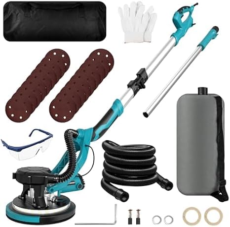 Drywall Sander, 1250W 11.5-Amp Electric Drywall Sander with Vacuum, Popcorn Ceiling Removal Tool with Variable Speed 800-1800RPM, Foldable & Extendable Handle, LED Light