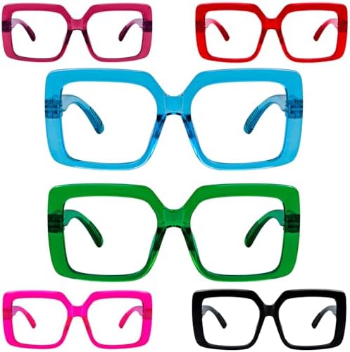 GUD Huge Square Reading Glasses with Screwless Spring Hinge Metalless 6 Pack Oversized Women Readers