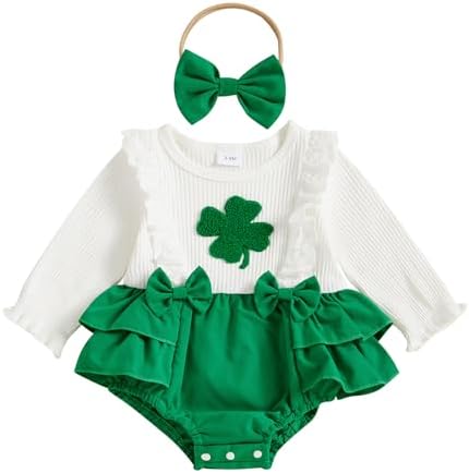 BemeyourBBs St Patricks Day Baby Girl Outfit Shamrock Long Sleeve Bubble Romper Jumpsuit Headband Infant Cute Spring Clothes