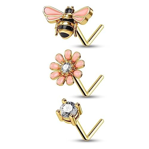 CM Crareesi Mania Bee Nose Studs 316L Stainless Steel Nose Rings Stud Pack 20 Gauge Gold Nose Piercing Jewelry L Shaped Nose Rings for Women