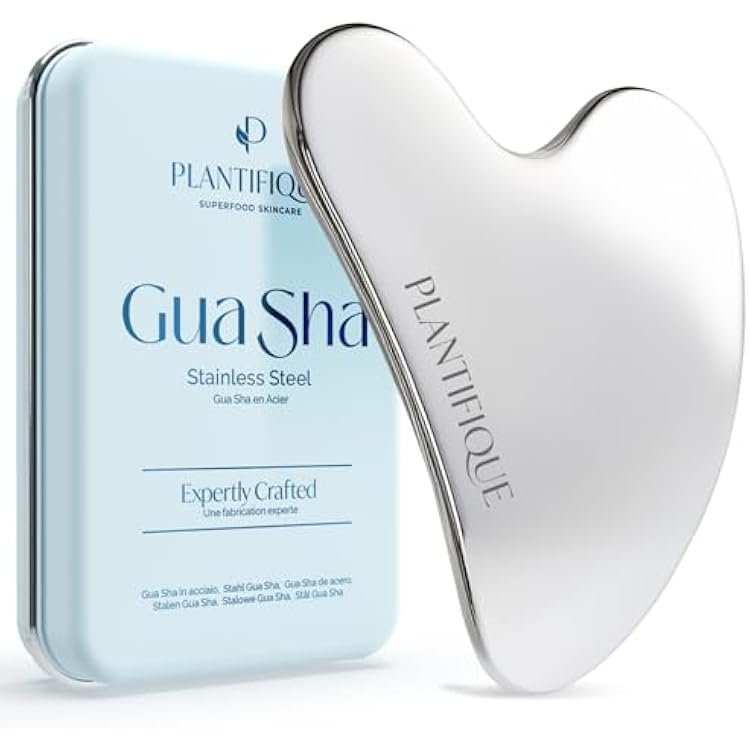 PLANTIFIQUE Stainless Steel Gua Sha | Facial Tool | Skin Massage for Face Body Eyes Neck Heart Style with Travel Pouch | Skin Care Gift
