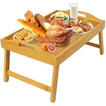 MorTime Bed Tray Table with Folding Legs, Bamboo Breakfast Tray with Handles for Bed, Sofa, Eating, Working, Foldable Laptop Desk Food Snack Tray Serving Tray