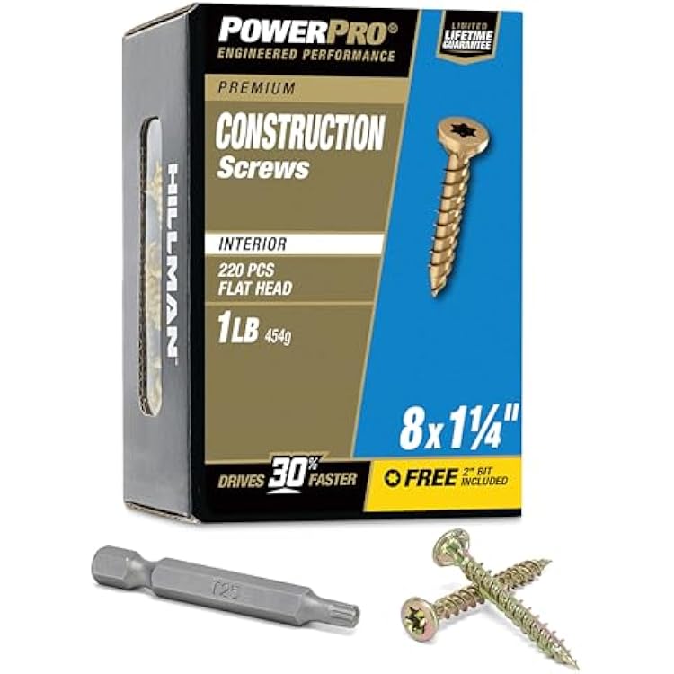 Power Pro 242 Pc Interior Wood Screws #8 x 1-14 | Star Drive Flat Head Fastening Screws | No Split Twist Shank Wood Screws for Framing Trim Cabinetry Interior Use