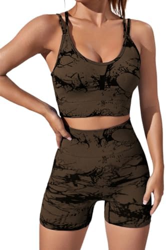 Womens Seamless Tie-dye Yoga Outfits 2 Piece Workout Athletic High Waist Running Shorts and Strappy Backless Gym Yoga TopsBrown,X-Small
