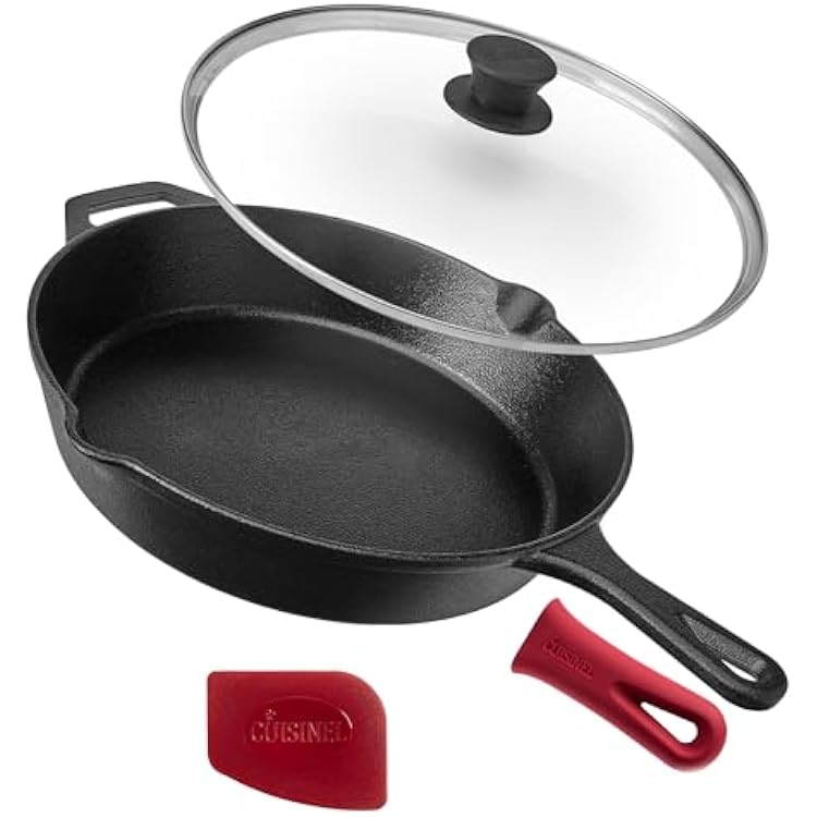 Cuisinel Cast Iron Skillet with Lid - 12-Inch Frying Pan  Glass Cover  Silicone Handle Holder - PFAS and PFOA-free Pre-Seasoned Oven Safe Cookware - IndoorOutdoor Use - Grill, BBQ, Fire, Stovetop