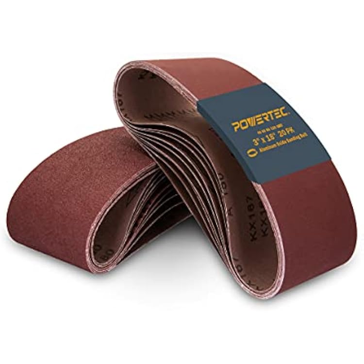 POWERTEC 3 x 18 Inch Sanding Belts, 5 Each of 406080120 Grits, 20PK, Aluminum Oxide Belt Sander Sanding Belt Assortment for Portable Belt Sander, Wood & Paint Sanding, Metal Polishing 110802