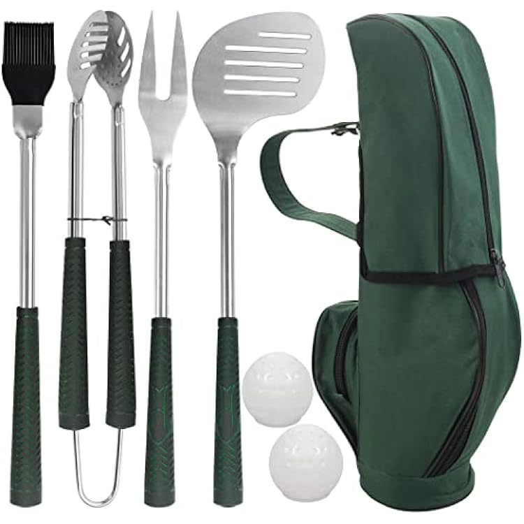 POLIGO 7PCS Golf-Club Style BBQ Tool Set Grilling Tools with Rubber Handle - Stainless Steel Grill Accessories for Outdoor Grill Set Premium Grill Utensils Set Fathers Day Birthday Gifts for Men Green