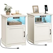 AODK Farmhouse Nightstand Set of 2, Side Table with Charging Station & LED Lights, End Tables with Storage and Open Shelf, Rustic Beside Tables for Bedroom, Rustic White