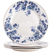 Porcelain Floral Plates, 8 inch, Set of 4,Small Plate, Small Appetizer Plates,Round dessert plate for breads, desserts, snacks, salads (Blue flowers)