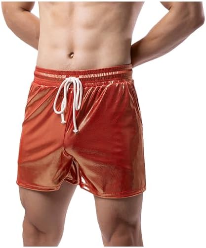 Mens Fitness Shiny Casual Shorts Breathable Elastic High Waist Drawstring Dance Running Short Pants with Pockets