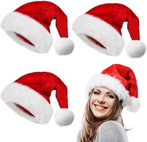 LINAYE 3 Pack Christmas Santa Hats for Adults - Extra Thicken Velvet Santa Claus Hats for Women Men Fluffy Plush Xmas Christmas New Years Eve Party Supplies for Adults Teenagers