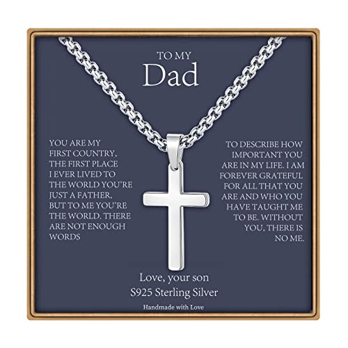 Cross Necklace Graduation Gifts for Men Boys - S925 Sterling Silver Pendant Box Chain Cross Necklace Religious Baptism Gifts for Men Grandson Son Birthday Gift