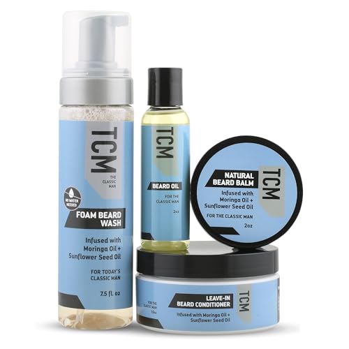 TCM Beard Growth & Styling Bundle - Include 7.5oz Foam Beard Wash, 7,5oz Leave-In Beard Conditioner, 2oz Natural Beard Balm, 2oz Beard Oil