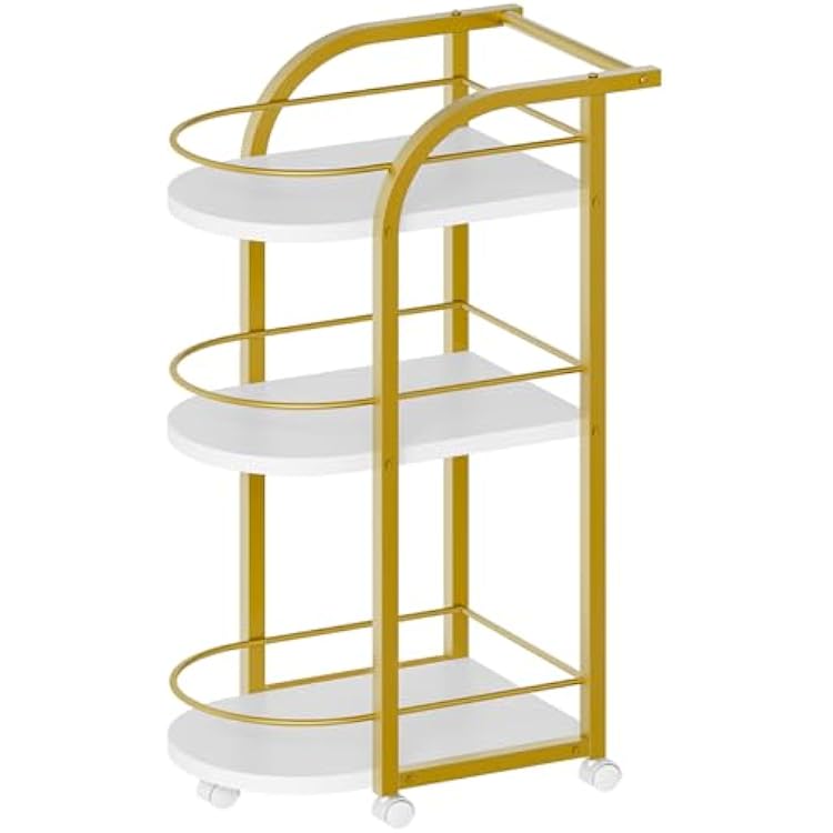 3-Tier Bar Cart, Home Bar Serving Cart with Fence and Wheels, for Dining Room, Living Room, Garden, Party, White and Gold BC06DW
