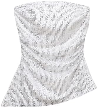 SweatyRocks Womens Glitter Sequin Strapless Tube Top Ruched Sleeveless Asymmetrical Bandeau Tops