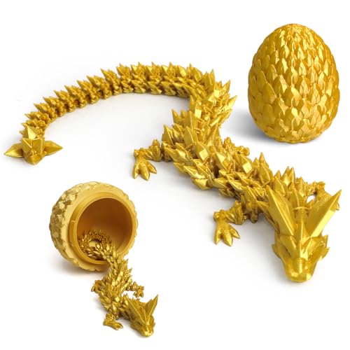 3D Printed Dragon Egg - 12 inch Crystal Dragon in Gemstone Egg, Easter Basket Stuffers, Flexible Fidget Toy, Executive Desk Pet, Mystery Figure Decor Gold