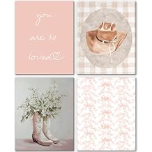 JINYO Coquette Preppy Pink Bow Floral Western Cowgirl Wall Art Prints Set of 4, Aesthetic Pink Girly Boots Plaid Hat Wall Decor Posters Pictures for Girls Room Dorm Home, 8x10 Unframed
