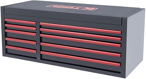 K Tool International 75134 55" Service Tool Chest for Garages, Repair Shops and DIY, (10) Drawer, Anodized Aluminum Drawer Pulls, Double Bay, Integrated UL Power Strip, Fully Assembled, Black/Red