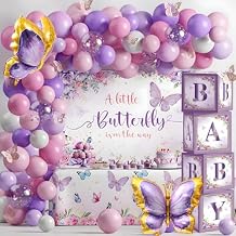 Butterfly Baby Shower Decorations for Girl Pink and Purple Balloon Arch Kit with Baby Boxes A Little Butterfly Is On The Way Backdrop Tablecloth for Girl Birthday Baby Shower Decor 118 Pcs