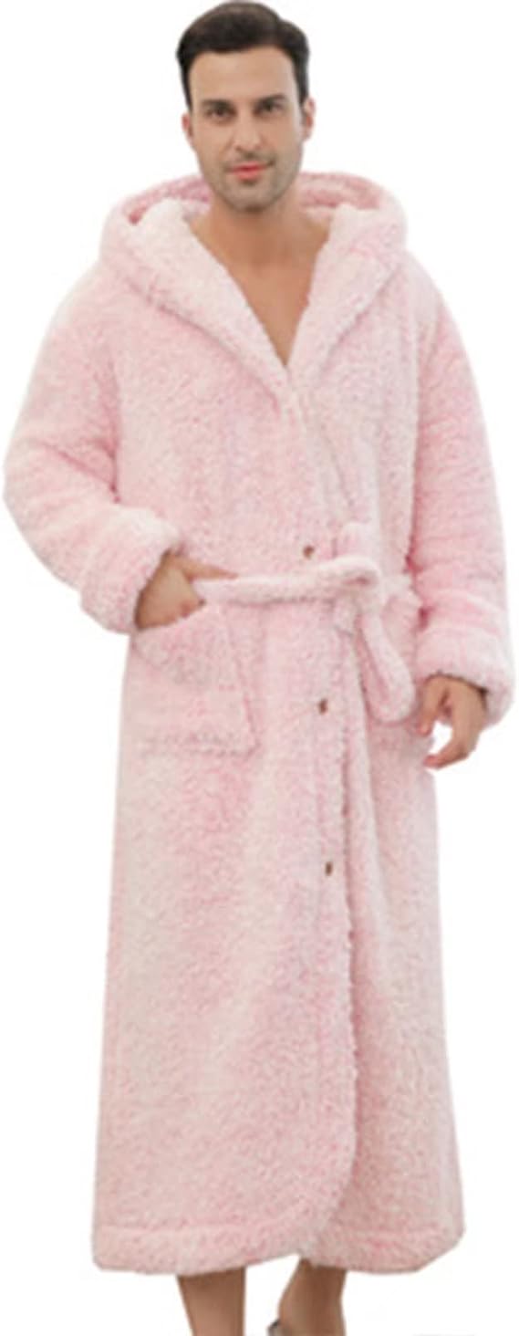 Mens Robe With Hood Big And Tall Winter Warm Bathrobe Long Cozy Soft Plush Robe With Hood Nightgown Fuzzy Pajamas
