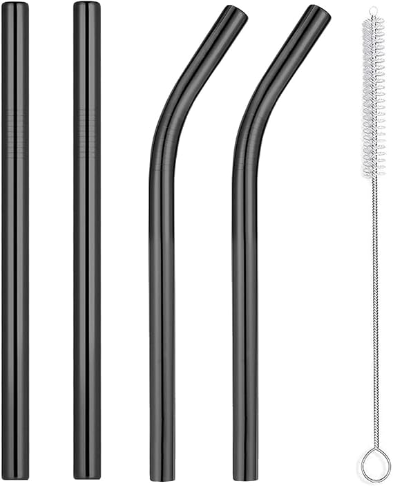 Vinaco Reusable Wide Mouth Straws - 8.5" & 10.5" Stainless Steel, Set of 4 with CleanerBrush, Black Metal Straws forThicker Drinks