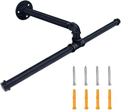 TLBTEK Industrial Pipe Clothes Rack,Heavy Duty Rustic Clothes Hanging Shelves System,Wall Mounted Detachable Black Iron Metal Garment Bar for Retail Display,Closet Organization 20 Inch