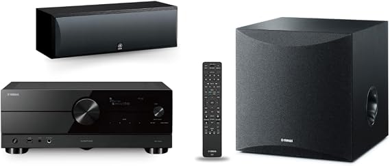 Yamaha RX-A2A AVENTAGE 7.2-Channel AV Receiver with MusicCast, 10" 100W Powered Subwoofer, and NS-C210BL Center Channel Speaker Bundle - Premium Home Theater Experience