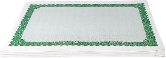 Blank Certificate and Diploma Paper, 11" x 8.5", Archival Quality with Printed Border and Background (1 Box of 100, Green)