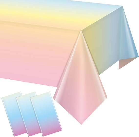 3 Pack Pastel Rainbow Plastic Tablecloth Party Decorations, Pastel Disposable Table Covers for Rectangle Tables, Rainbow Table Cloth for Easter Birthday Baby Shower Wedding Party Supplies, 54x108Inch