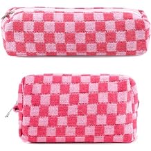 2Pcs Checkered Cosmetic Bag Pencil Case Small Makeup Bag for Purse Cute Makeup Pouch Pink Pencil Pouch Makeup Bag Makeup Brushes Bag Y2K Aesthetic Accessories for Women Travel