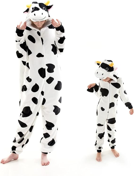 COSUSKET Fit Unisex Adult Cow Onesie Pajamas, Halloween Womens Cosplay Animal One Piece Costume