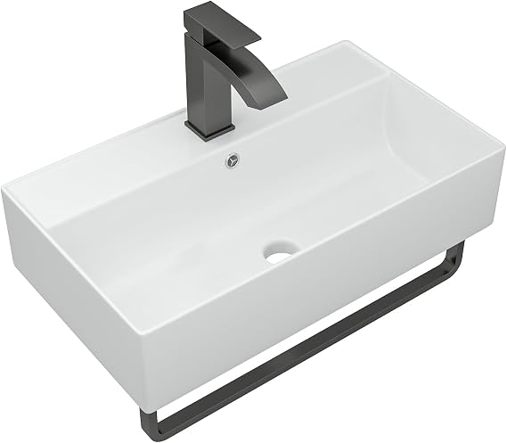 Dcolora 21 In. White Wall Mounted Bathroom Sink, Rectangular Ceramic Wall Hung Sink with Black Faucet & Towel Rack, Space-Saving Basin for Small Bathrooms #DC-SFDOE00089