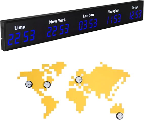 COUCHO Digital LED World Clock, Multi Time World Time Zones Clock with 3/4/5 Time Zone, Customizable Cities, Aluminum Alloy Material, Wall Display, for Office, Multinational