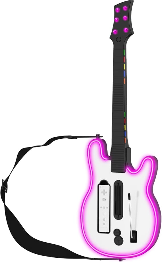 Wireless Wii Guitar Hero, RGB Lighting& Rock Band 2/3 Games with Strap, Supports for Guitar Hero and Rock Band Games (Rock Band 1 is Not Supported)