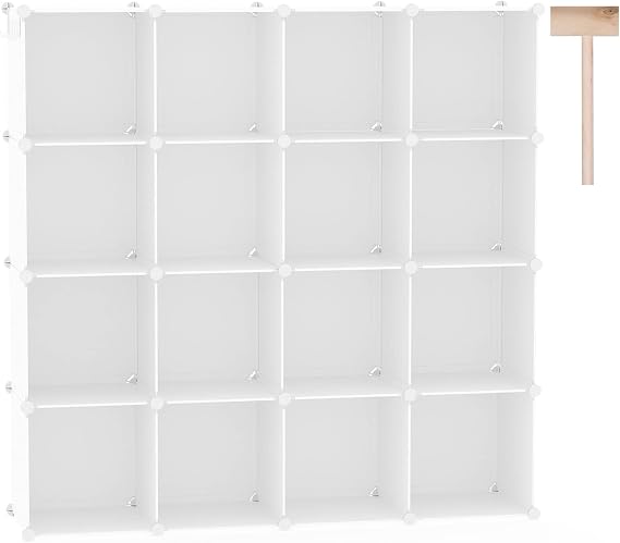C&AHOME 16 Cube Storage Organizer Cube Shelves Units Storage Cubes, Milky | Plastic DIY Closet Organizer, Stackble Modular Closet Storage Shelves Ideal for Home, Bedroom, 48.4" L 12.4" W 48.4" H