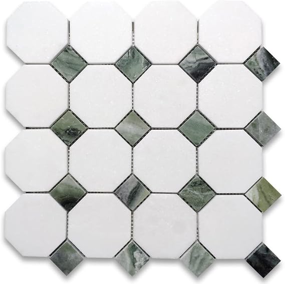 Thassos White Marble 3 inch Octagon Mosaic Tile w/Sagano Green Dots Polished Kitchen Bath Wall Floor Backsplash Shower (1 Sheet)