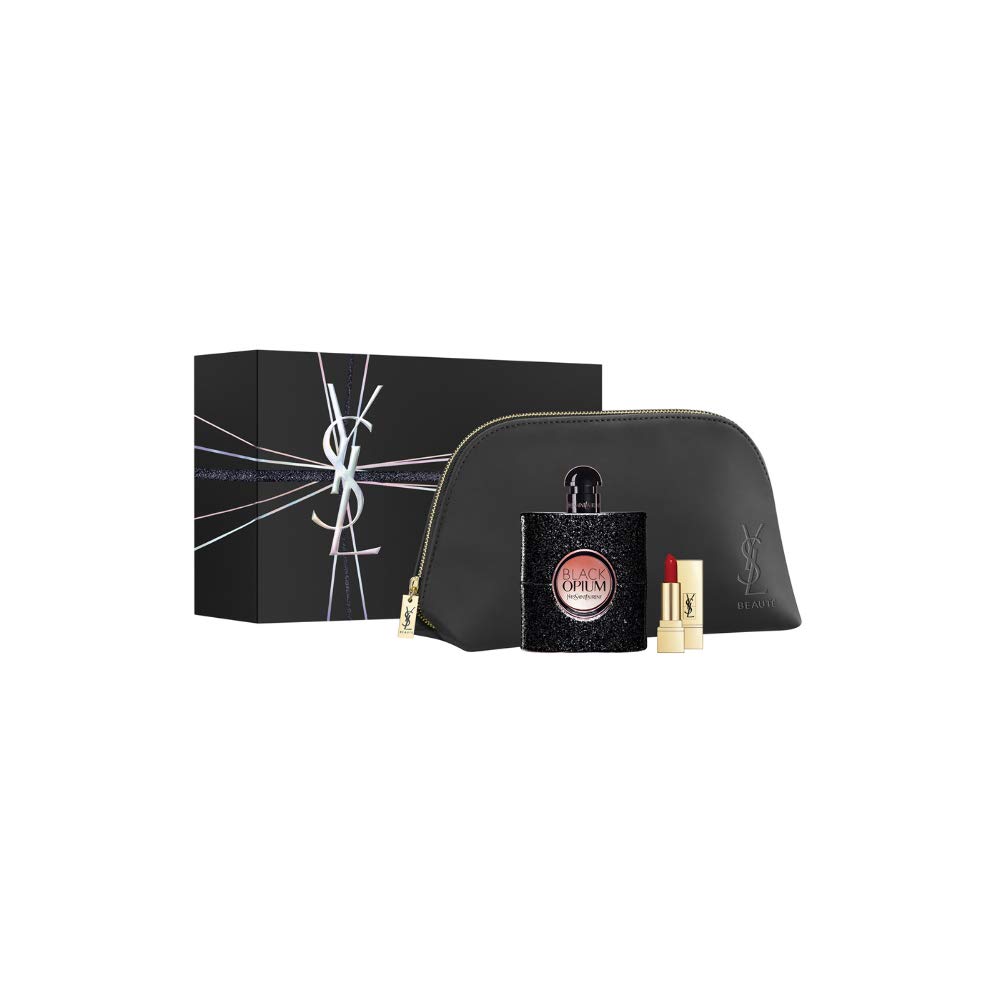 Opium Black by Yves Saint Laurent 3 Piece Set 3 Ounce Eau de Parfum Spray, Lipstick & Pouch