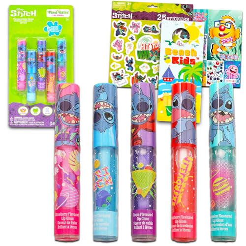 Stitch Lip Gloss Bundle for Girls 5 Pack of Stitch Glosses for Lips in Assorted Flavors Plus Stickers, More | Stitch Party Favors for Kids